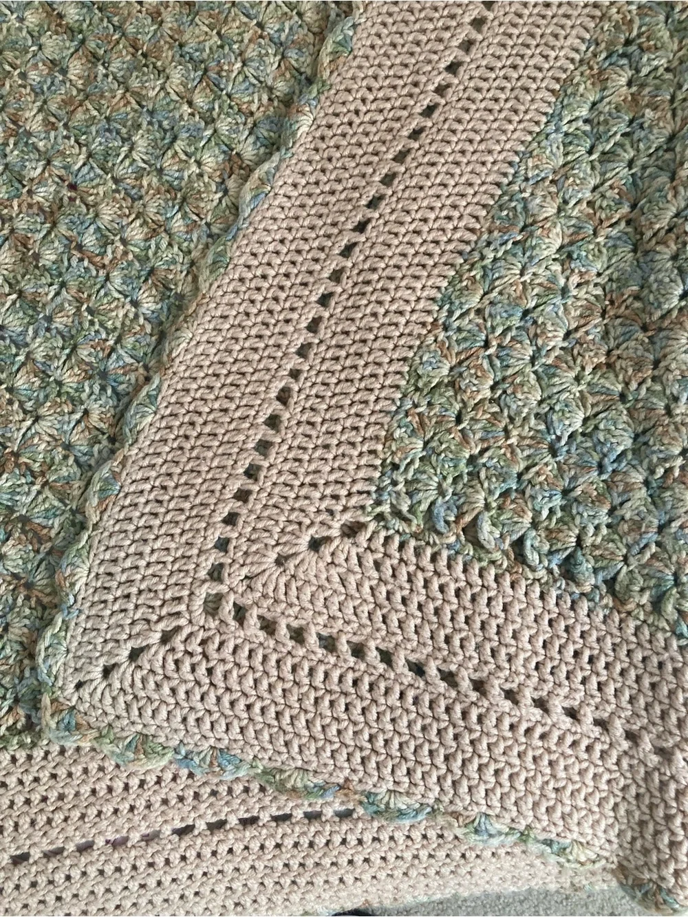 Handmade Crochet Throw Blanket - Sage Green & Cream, Textured Stitching 62”x40”